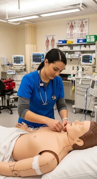 Medical Simulation - Nurse Practicing on Mannequin in Hospital Setting.