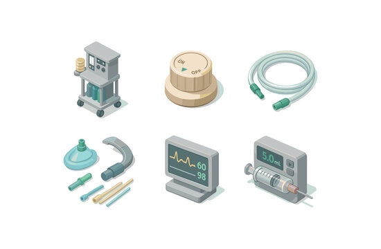 isometric icon items isolated on white background anesthesiologist anesthesia workstation anesthesiologist vaporizor knob anesthesiologist suction tubing anesthesiologist airway management