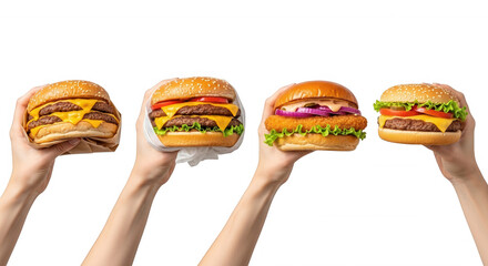 Four delicious burgers held by hands isolated on a transparent background
