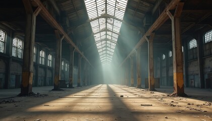 Vast, empty industrial warehouse interior with high ceiling featuring skylights. Sun beams illuminate dusty concrete floor and weathered wooden support columns. Grimy windows line the aged walls.
