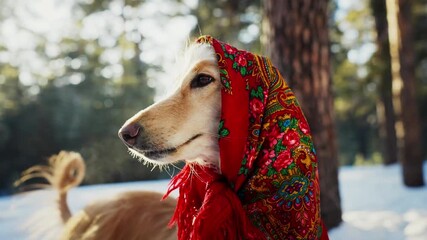 Afghan Hound with folk scarf on head