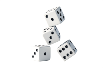 Three white dice in falling motion on white background
