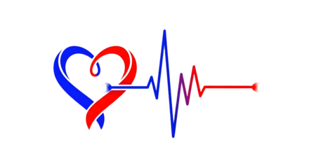 A heart symbol in blue and red connected to a heartbeat line on a black background design art