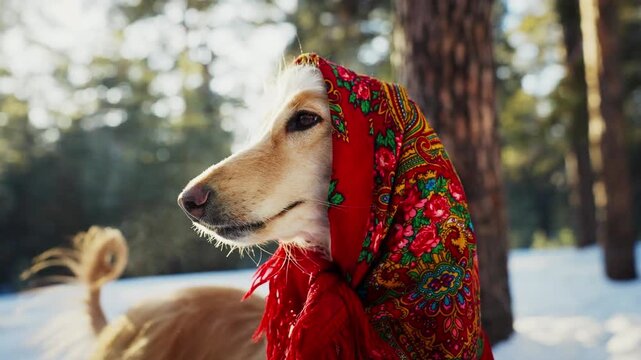 Afghan Hound with folk scarf on head