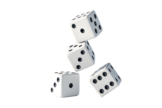 Three white dice in falling motion on white background