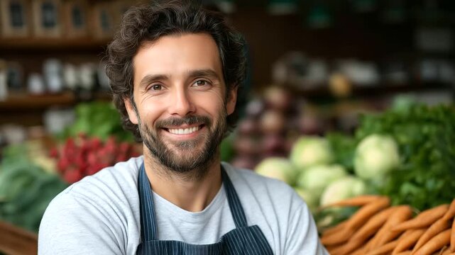 Proud shop owner in a thriving produce store, economic prosperity in retail success, market vitality through vibrant atmospheres, agricultural abundance in stocked shelves, consume