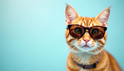 Fototapeta premium Orange cat with sunglasses looks forward. Ginger feline wears stylish eyewear and patterned collar against blue backdrop. Adorable pet has cool, trendy, funny look.