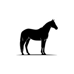 Elegant black silhouette of a majestic horse standing in profile on a clean white background.
