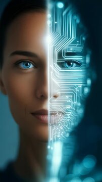A woman's face is split between natural features and a glowing digital circuit, representing AI integration. This image illustrates the synergy of technology and human intelligence