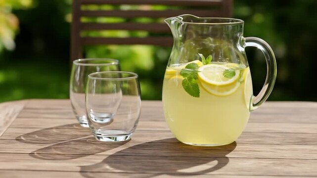 A pitcher of homemade beverage with lemon slices and mint, plus two empty glasses on a wood table, in natural light
