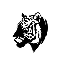 Striking black and white illustration of a tiger's head in profile, showcasing its powerful features.