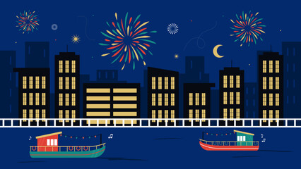 Illustration vectorielle d'une ville avec des immeubles de nuit avec un feu d'artifice dans le ciel et des p&eacute;niches