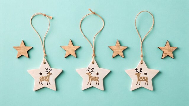 Holiday stars and reindeer ornaments on blue background