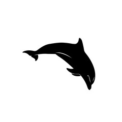 Silhouette of a leaping dolphin against a white background, showcasing its graceful form.