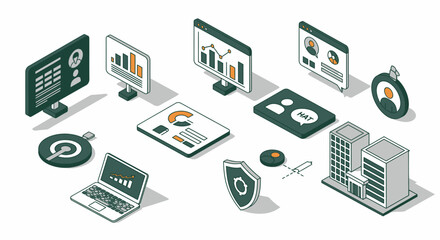 Modern business analytics isometric scene with charts, graphs, and data visualizations for professional presentations and marketing materials, growth focus