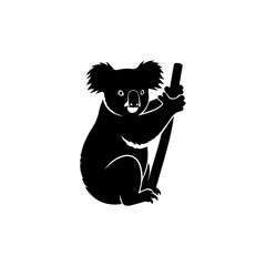 A black silhouette of a koala bear clinging to a tree branch, depicted in a simple, graphic style.