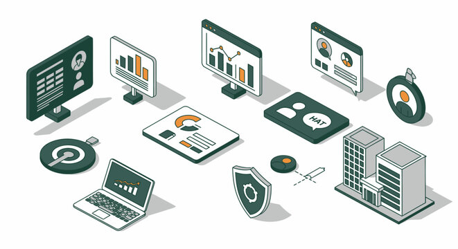Modern business analytics isometric scene with charts, graphs, and data visualizations for professional presentations and marketing materials, growth focus - Powered by Adobe