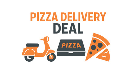 Flat vector banner design text PIZZA DELIVERY DEAL supporting icons of scooter box and slice orange and gray palette