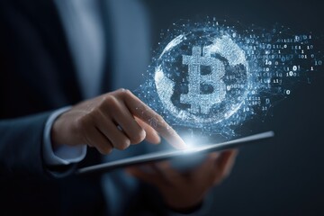 Hand holding tablet with digital Bitcoin symbol