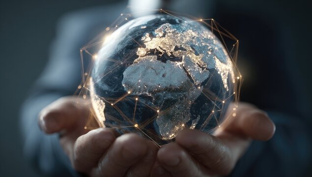 A person holds a digital globe