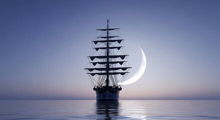 Silhouette of a majestic tall ship sailing at night with a crescent moon.