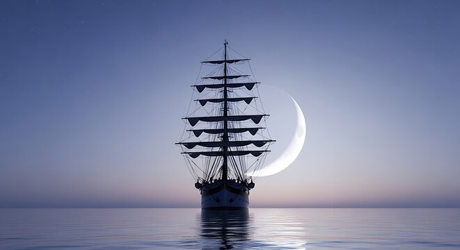 Silhouette of a majestic tall ship sailing at night with a crescent moon.