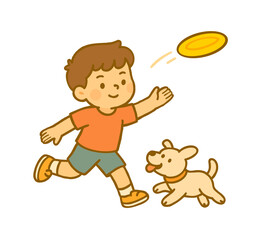 Illustration of Boy and Dog Playing Frisbee