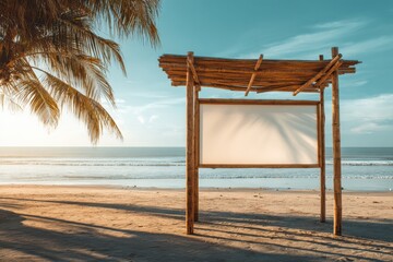 Bamboo structure with blank canvas on beach at sunset