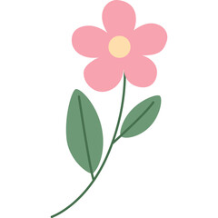 Simple pink cartoon flower with green leaves and yellow center on a transparent background