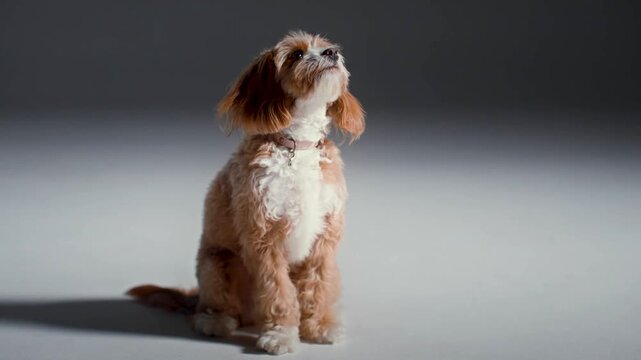 Cavapoo sitting and looking up