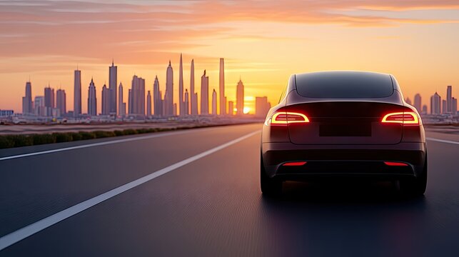 A blue electric vehicle charging at a sustainable energy station against a vibrant urban skyline during sunset