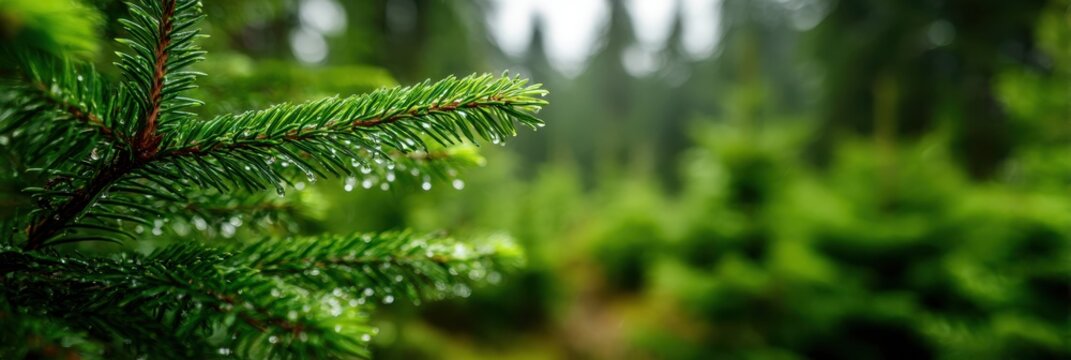 Dewy pine branches in a lush green forest after the rain
