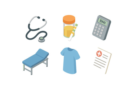 isometric icon items isolated on white background checkup stethoscope checkup urinalysis strip checkup BMI calculator checkup exam table checkup patient gown checkup lab requisition