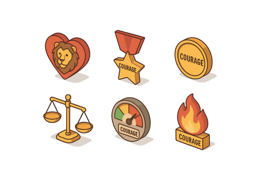 isometric icon items isolated on white background courage lion heart emblem courage bravery medal badge courage challenge coin courage fortitude scale courage fear gauge courage valor flame