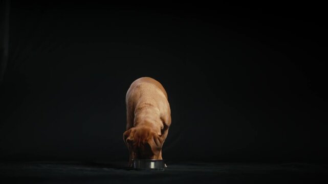 A Dogue de Bordeaux eating from a bowl, slow motion
