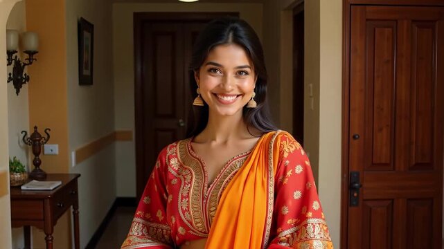 Portrait of a smiling beautiful Indian woman in a traditional orange salwar kameez and dupatta, welcoming someone at home. Elegant South Asian model with jhumka earrings and a warm, happy expression.