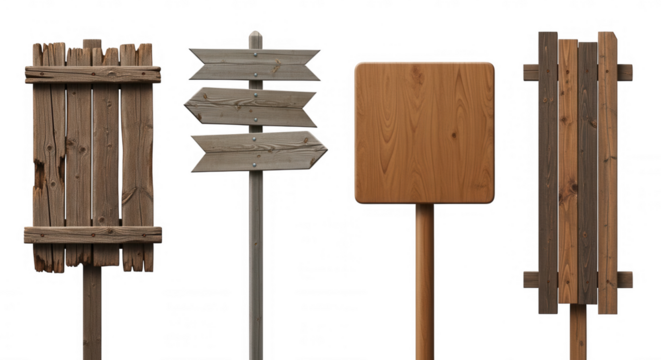 Rustic wooden signs directional markers isolated on a transparent background