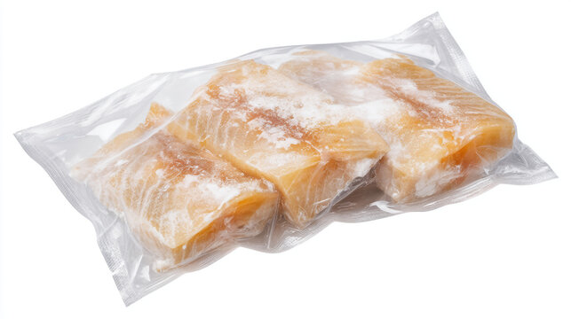 Frozen fish fillets in a clear plastic bag ready for cooking or thawing process today