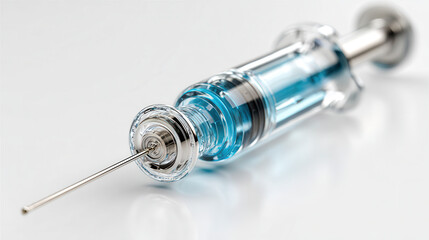 Close up of medical syringe with blue liquid on white background showing needle and transparent barrel