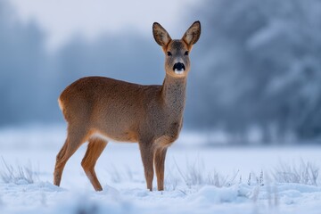 Obraz premium Roe deer standing in winter landscape with snow-covered ground
