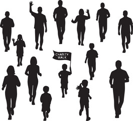 Diverse group silhouette of people running celebrating international volunteer day movement and activity