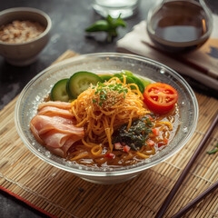 Thai spicy seafood noodle soup and healthy chicken pasta dish