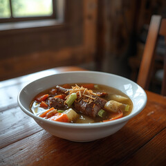 Delicious and healthy bowls of beef noodle soup or beef stew with vegetables and rice make a comforting dinner or lunch.
