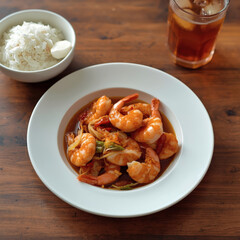 Delicious hot fried shrimp meal with sauce and vegetables
