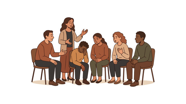 coaches facilitating emotional storytelling workshop unique personal growth experience flat vector illustration style isolated on white background