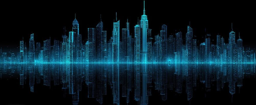 Digital cityscape reflected on dark water