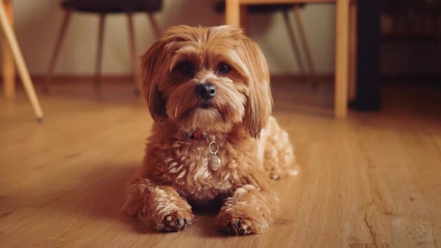 A brown Maltipoo dog lying on foor and looking at camera