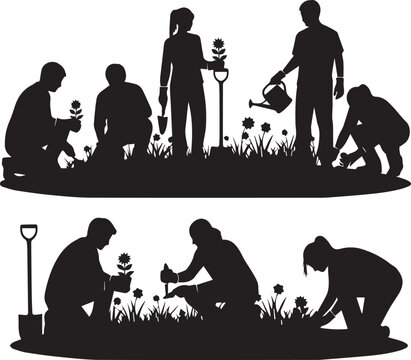 International volunteer day silhouettes of people gardening planting flowers and watering