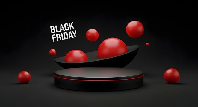 A minimalist black podium with red spheres and "BLACK FRIDAY" text against a dark background, perfect for sales promotions.