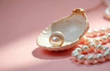 Beautiful pearl ring with sparkling diamonds rests inside white seashell. Delicate string of matching pearl beads lays beside on soft pink background. Elegant jewelry symbol of luxury, beauty, true